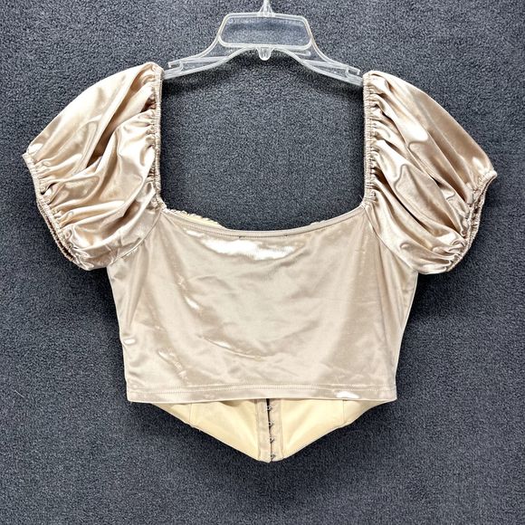 Blue Blush Top womens Large Satin corset Beige Crop Puff short Sleeve sweetheart - Picture 2 of 13
